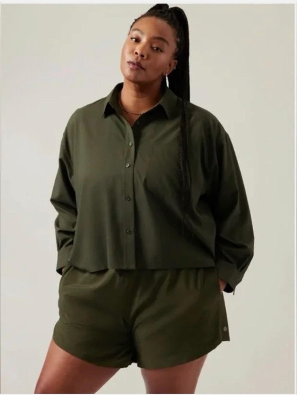 Athleta Cropped Stretch Tech Top Olive Green Button Down